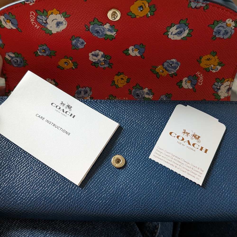 Coach Tea Rose Large Blue Pebbled Leather Wallet - Picture 3 of 10